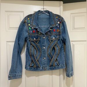 Blue studded multi-coloured beads sequins‎ cut out unisex Jeans Denim Jacket M